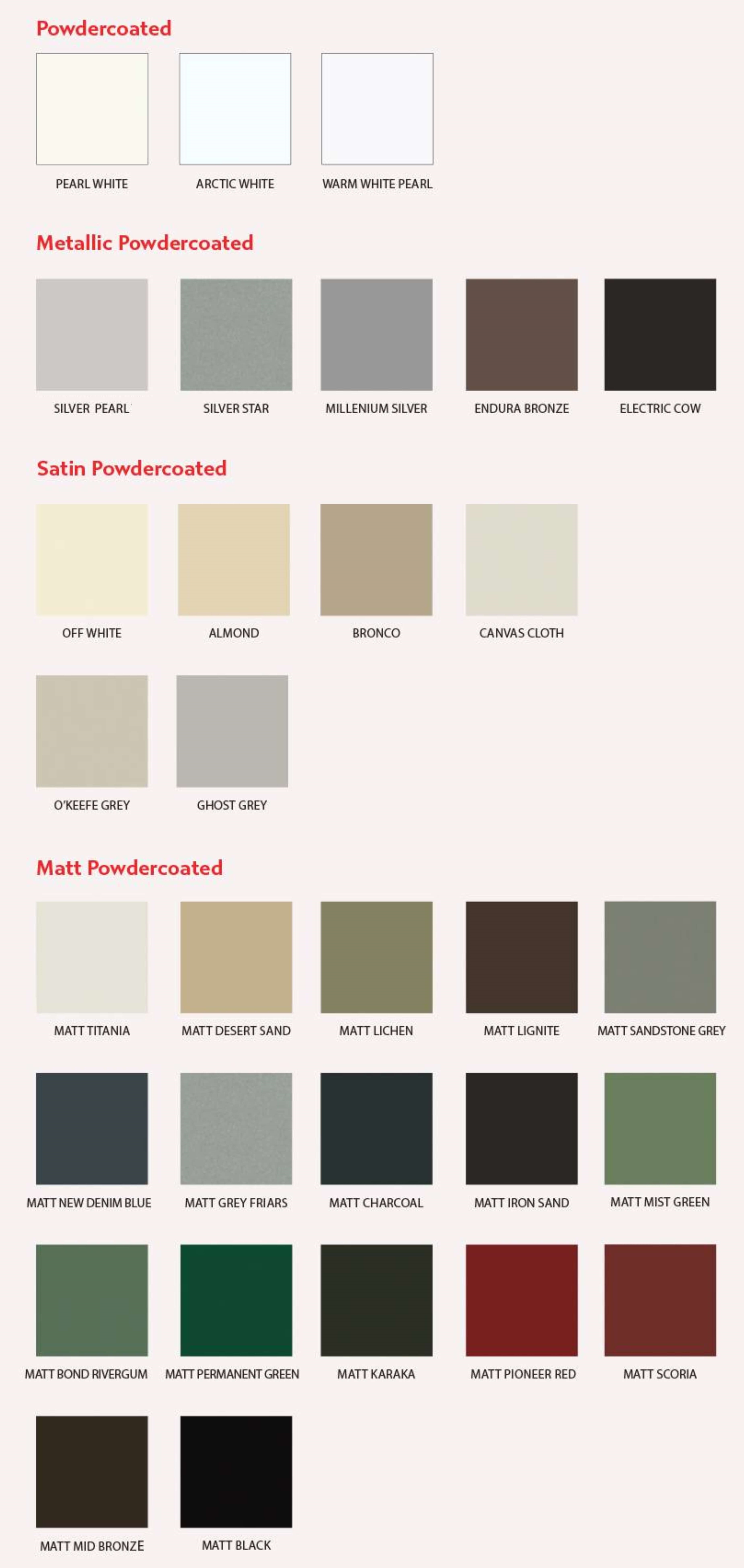 Additional powder coat colour ranges